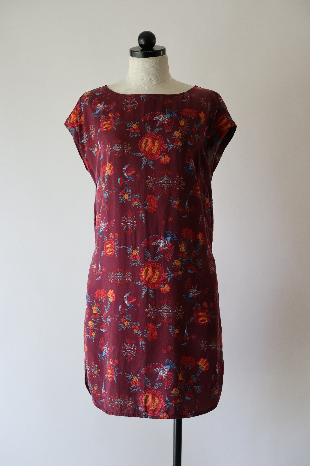 Patagonia Worn Wear Burgundy Colorful Lyocell Floral Bird Print Dress Women S thumbnail 3