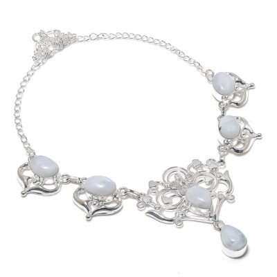 Rainbow Moonstone Gemstone Handmade 925 Sterling Silver Jewelry Necklace Sz 18''