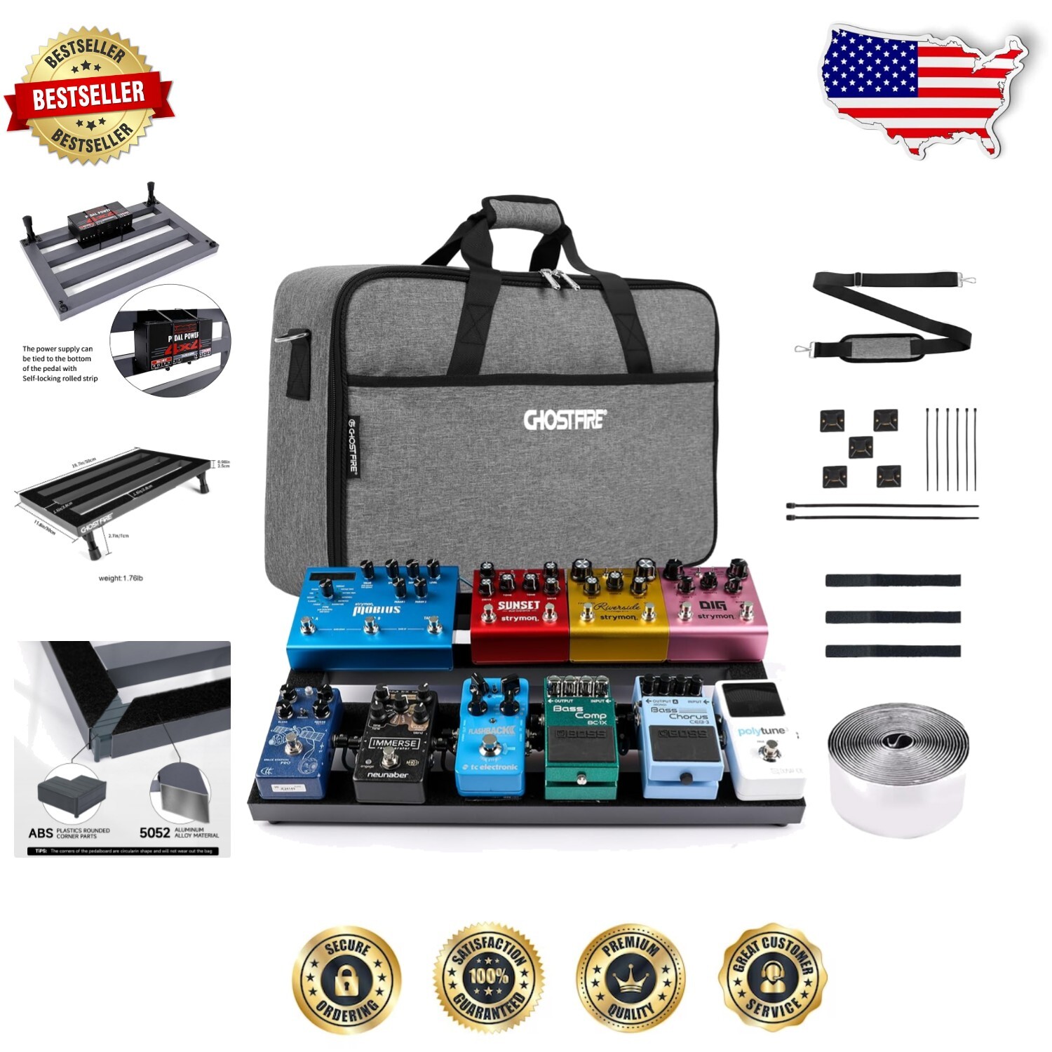 Sleek 19.8 x 11.5 Lightweight Guitar Pedalboard with Carrying Case