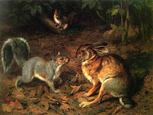 THE GOSSIPS SQUIRREL TALKING TO RABBIT ANIMAL PAINTING BY WILLIAM BEARD REPRO - Picture 1 of 1