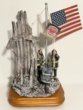 9/11 Memorabilia Firefighter Flag Statue Sculpture On Pedestal Patriotic America