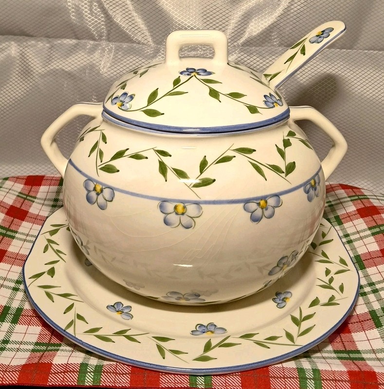 Vintage Neuwirth Portugal Hand-painted 4pc Soup Tureen Lid Ladle Platter Set