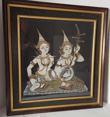 VTG THAI SILK WORLD ART HAND painting RARE 60s TRADITIONAL tribal WALL DECOR Big
