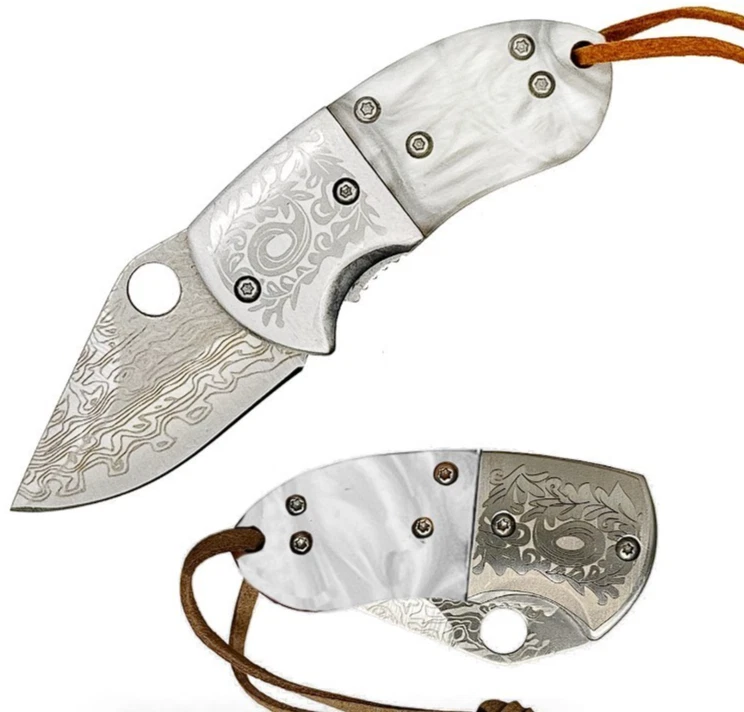 ELITEDGE Mini Folding Pocket Knife Pearl Handle Damascus Etched Blade Chubby