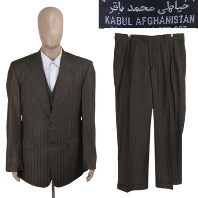Bagher Tailor Company Three Piece Bespoke Green Blue Stripe Suit 44L Pants 36X32