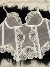Vtg Jezebel CORSET Bra Top FLORAL LACE Fairy Princess Coquette Bridal 34 White