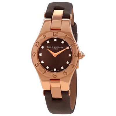 Baume and Mercier Linea Brown Diamond Dial 18kt Rose Gold Brown Satin Ladies