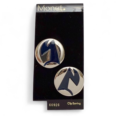 Vintage MONET Modernist Polished Silvertone Blue Enamel Round Clip On Earrings