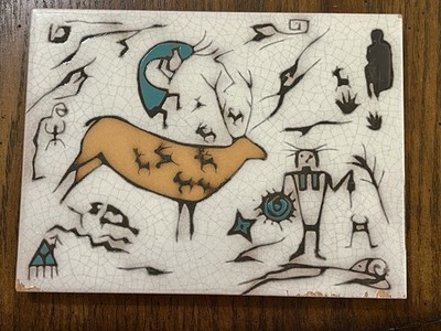 VTG  Mag Mor Studios Santa Fe NM Hand Painted Petroglyph Tile Trivet Wall Plaque