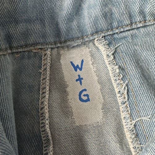 RARE WREN & GLORY Distressed Union Jack UK Flag Denim Jean Jacket Painted Coat - Imagen 6 de 6