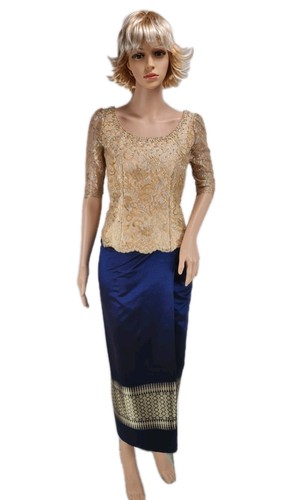 Khmer Cambodia Traditional Out Fit Gr. M Gold Spitze Blau Rock
