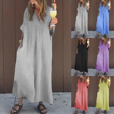 Women V Neck Linen Cotton Pocket Summer Casual Baggy Kaftan Maxi Dress Plus 8-26