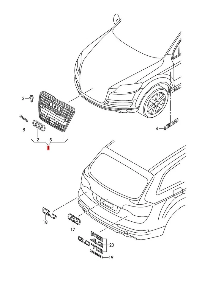 Rejilla de radiador cromada genuina Audi Q7 con letras Quattro 4L0853651G T94 Foto 3 de 3