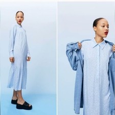 H&M Blue Floral Button Front Tiered Long Sleeve Maxi Shirt Dress XXL Boho Chic