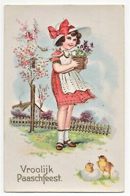  Postcard Easter, girl with flowers in a meadow, chick in egg