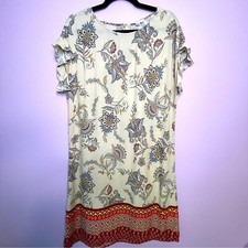 Beach Lunch Lounge Shirt Dress Red Tan Boho Paisley Ruffle Sleeve Rayon Medium