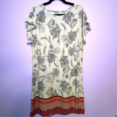 Beach Lunch Lounge Shirt Dress Red Tan Boho Paisley Ruffle Sleeve Rayon  Medium | eBay