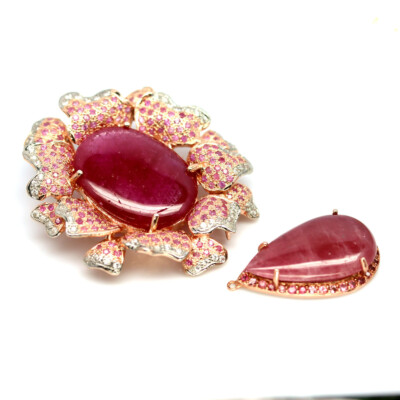 Gemstone Heated Red Ruby, Sapphire, Zircon Brooch/Pendant 925