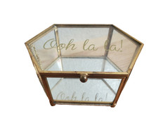 VTG Brass Jewelry Box Glass Footed Etched Jewelry Trinket Case Hexegon 5"x3"