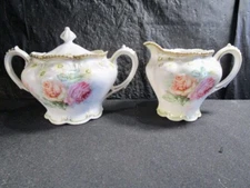 R. S. PRUSSIA  -  Orange and Pink Roses  -  Creamer and Sugar With Lid
