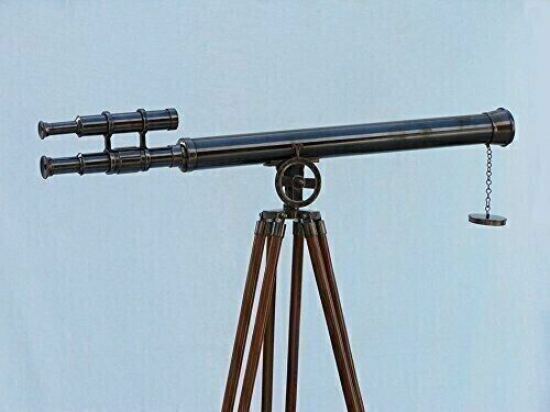 ANTIQUE BRASS TELESCOPE WITH WOOD TRIPOD STAND VINTAGE NAUTICAL - Picture 1 of 7