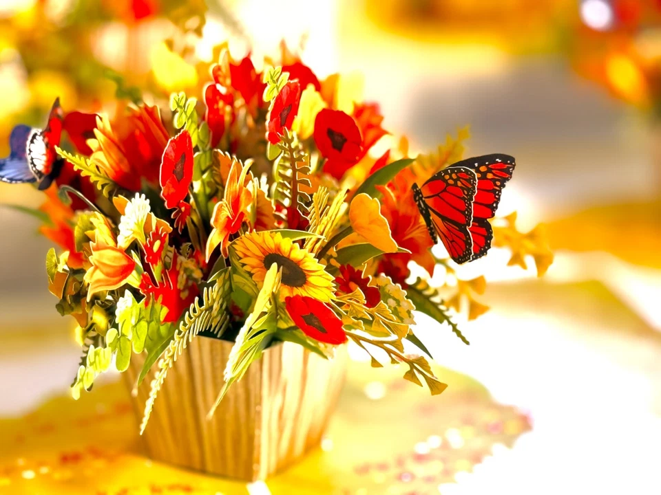 ORIGAMI POP CARDS Fall Flowers in Bucket Butterflies Happy Birthday Thank You 3D - Image 4 of 4