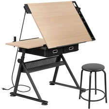 Adjustable Drafting Table Drawing Desk Craft Workstation w/Stool & Power Outlet