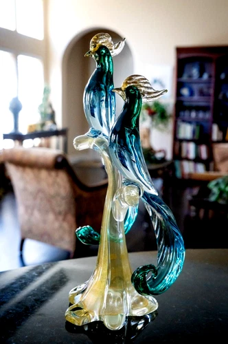 Gorgeous Tall 18.25" Barbini Murano Art Glass Exotic Birds on Branch Sculpture