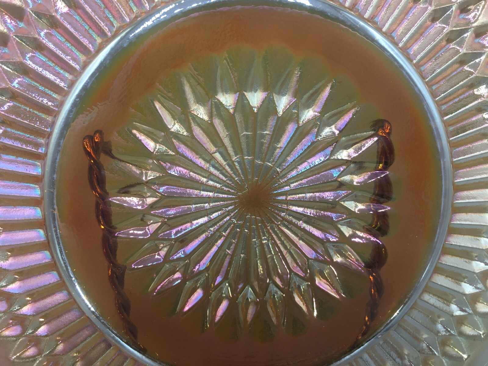 Jeannette Anniversary Marigold Carnival Glass Bread Plate Iridescent Vintage