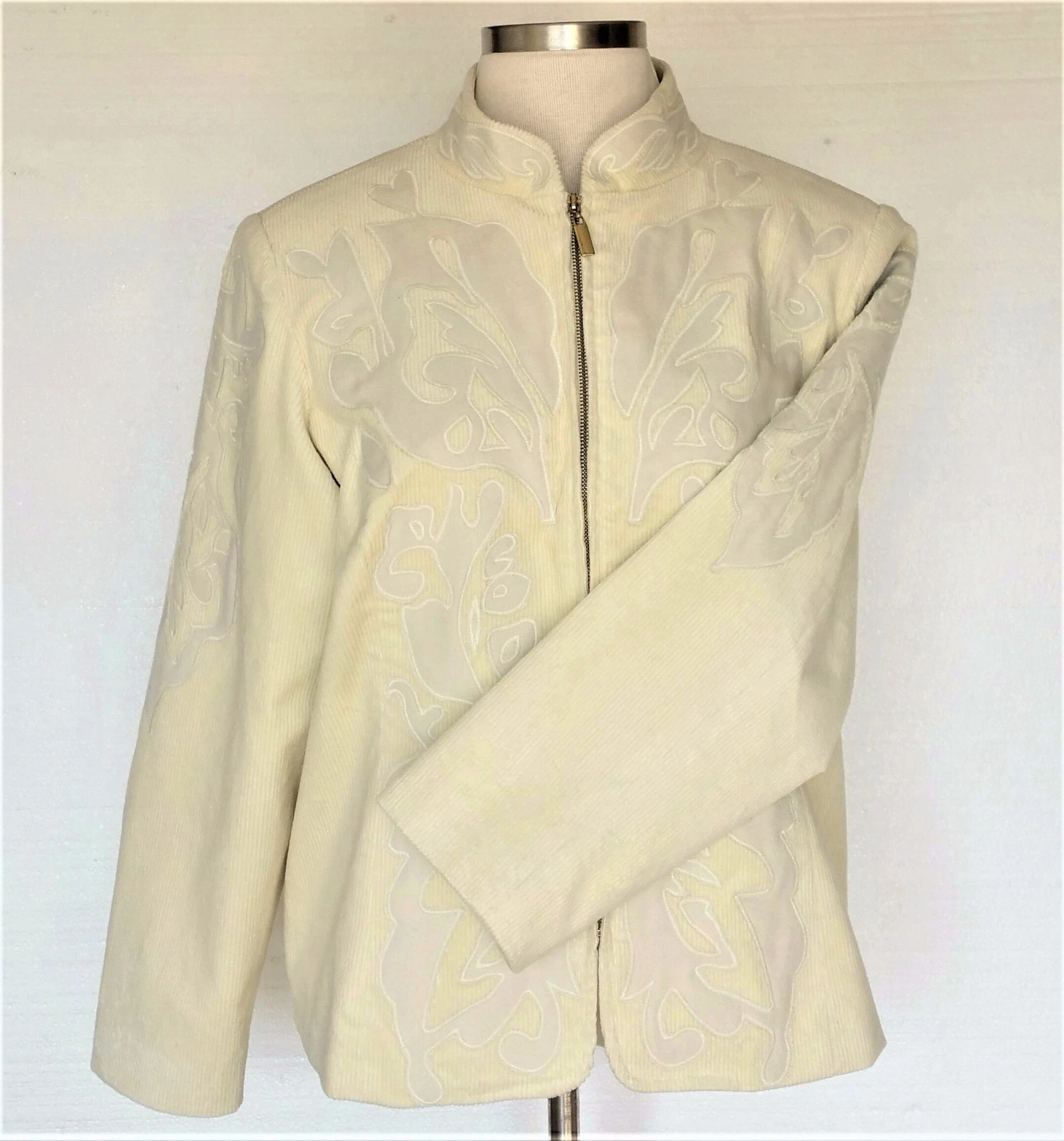 OFF WHITE Giacca cappotto Victor Costa NUOVO giallo pallido velluto a coste foderato ricamo donna tg 1X