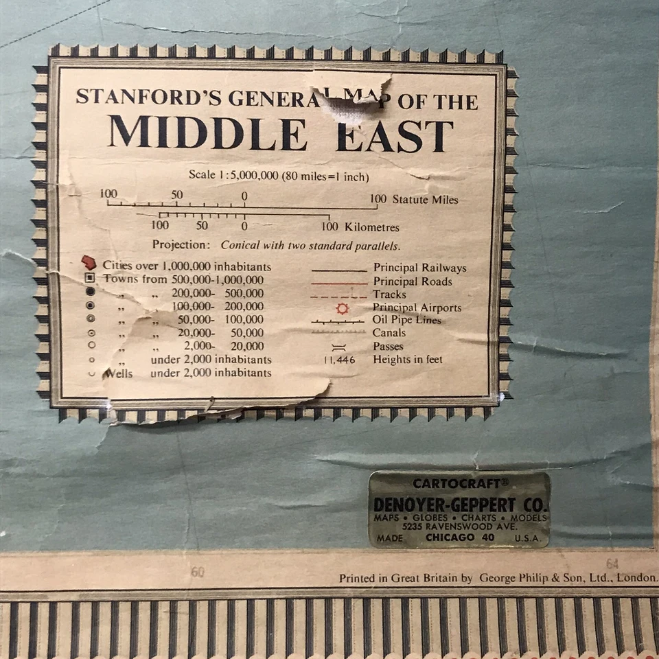 Vintage 1964 Stanford's General Map of the Middle East Printed by Philip & Son  - Image 2 of 4