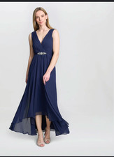 Eliza J Embellished High/Low Chiffon Dress Navy V-Neck Sleeveless Size 8 NWT