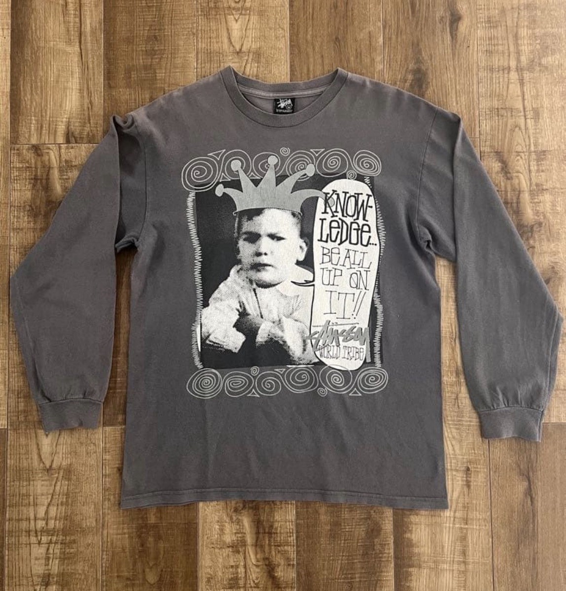 SALE✨00s usa製 stussy t-shirt good fade‼︎ Stussy World Tribe Long Sleeve Tee M Gray Fade 00s Photo Graphic