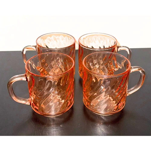 Vintage Arcoroc France Pink Rosaline Optic Swirl Coffee Mug Set of 4 Coffee Cups