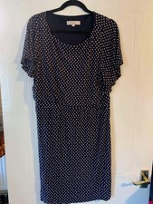 Ann Taylor LOFT Navy Polka Dot Jersey Knit Fit Flare Dress Size L (16) Gc