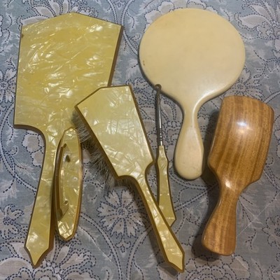 Lucite Celluloid Art Deco Vanity Dresser Set Vintage 6 Piece Mirror Comb Mohawk