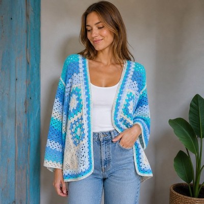 Strickjacke Oversize Offen Oversize Leicht Lochmuster Italy Moda Sommer Urlaub 