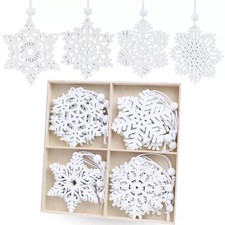 16 Pieces White Snowflakes Ornaments 3inch Wooden Snowflake Christmas Ornamen...