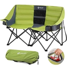 VILLEY Double Camping Chair w/Cooler Bag, Extra Wide Loveseat, 600LBS - GREEN