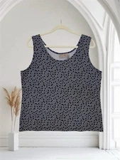 Chico’s Navy Geo Print Sleeveless Top Size 2 Women’s Large Jersey Stretch