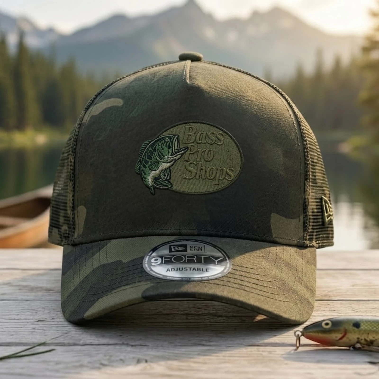 Bass Pro Shops logo Embroidered 9FORTY Camo Mesh Trucker Hat Adjustable Cap