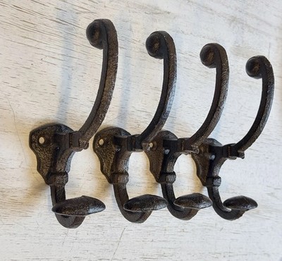 5 Cast Iron Rustic Double Wall Hooks Vintage Style Coat Keys Entryway Hooks