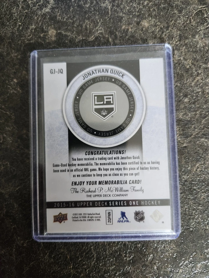 2015-16 Upper Deck Series 1 UD Game Jersey Jonathan Quick Card# GJ-JQ - Image 2 of 2