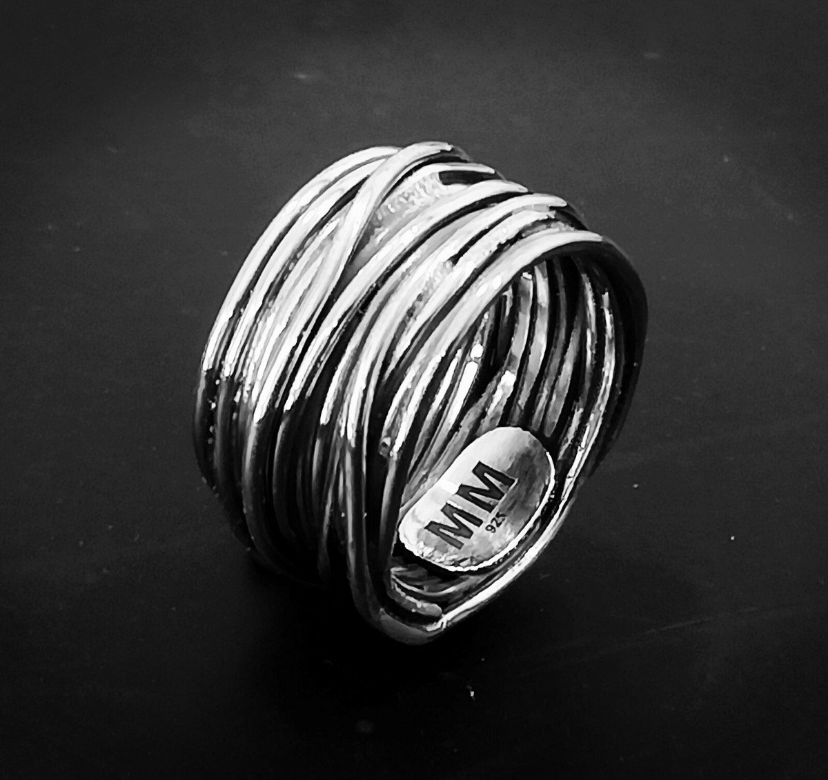 Anello fascia in oro bianco a 9 fili intrecciati con diamanti - Laboratorio Orafo Taddei