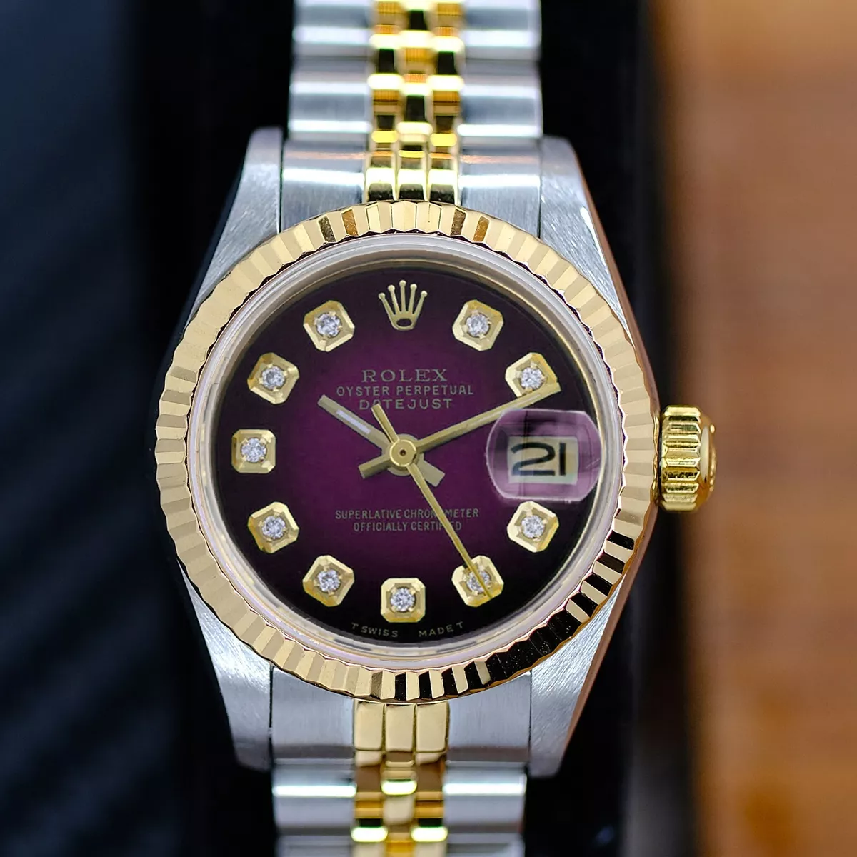 ROLEX LADY DATEJUST 18KY GOLD STEEL CHAMPAGNE DIAMOND DIAL FLUTED 26MM WATCH