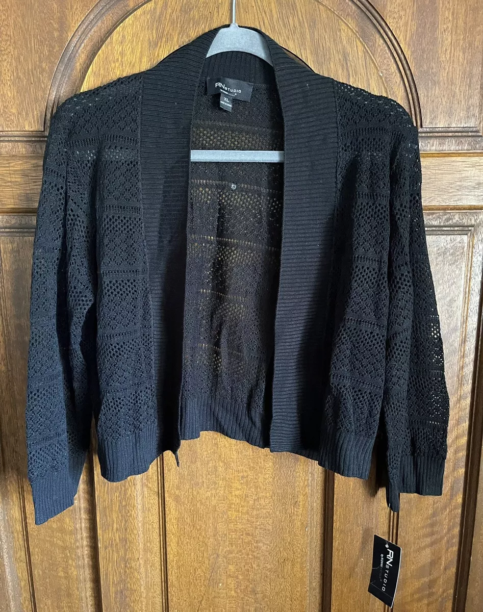 RN Studios Womens Shrug Sweater Sz XL Black Open Knit Light Weight