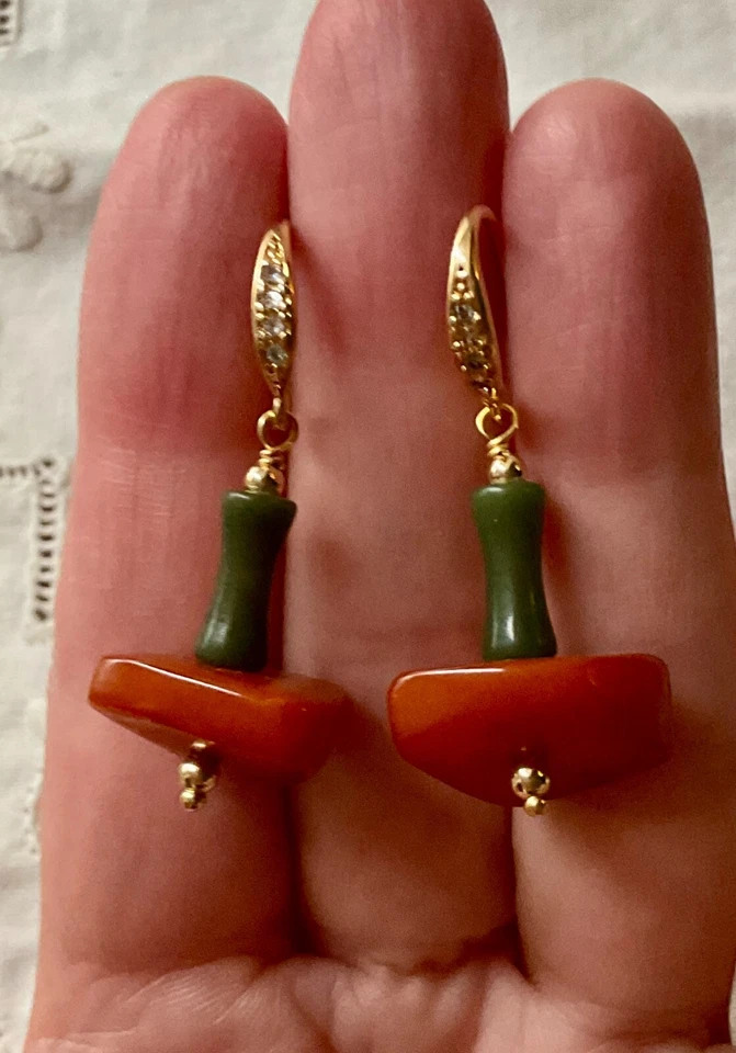 ANCIENNES BOUCLES D'OREILLES PLAQUÉ OR - @MBRE BALTIQUE & JADE VÉRITABLES - Photo 2/4