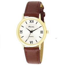 Ravel Gent's Men's Classic Round Watch with Roman Numerals Gold Case Brown Strap