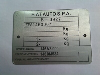 Fiat Uno ZFA146 Type Plate Tipo 146 Classic Car Youngtimer | eBay