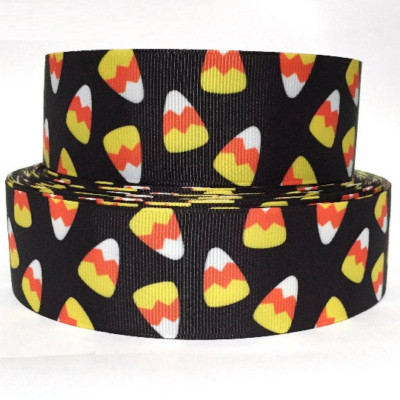 GROSGRAIN RIBBON 5/8'', 7/8'',1.5'', 3 Halloween Candy Corn Black H45 PRINTED, BULK